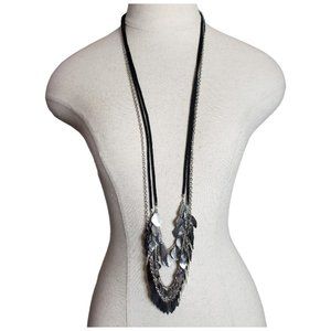 Leather & Chain Multi Strand Leaf Tassel Long Necklace 36"